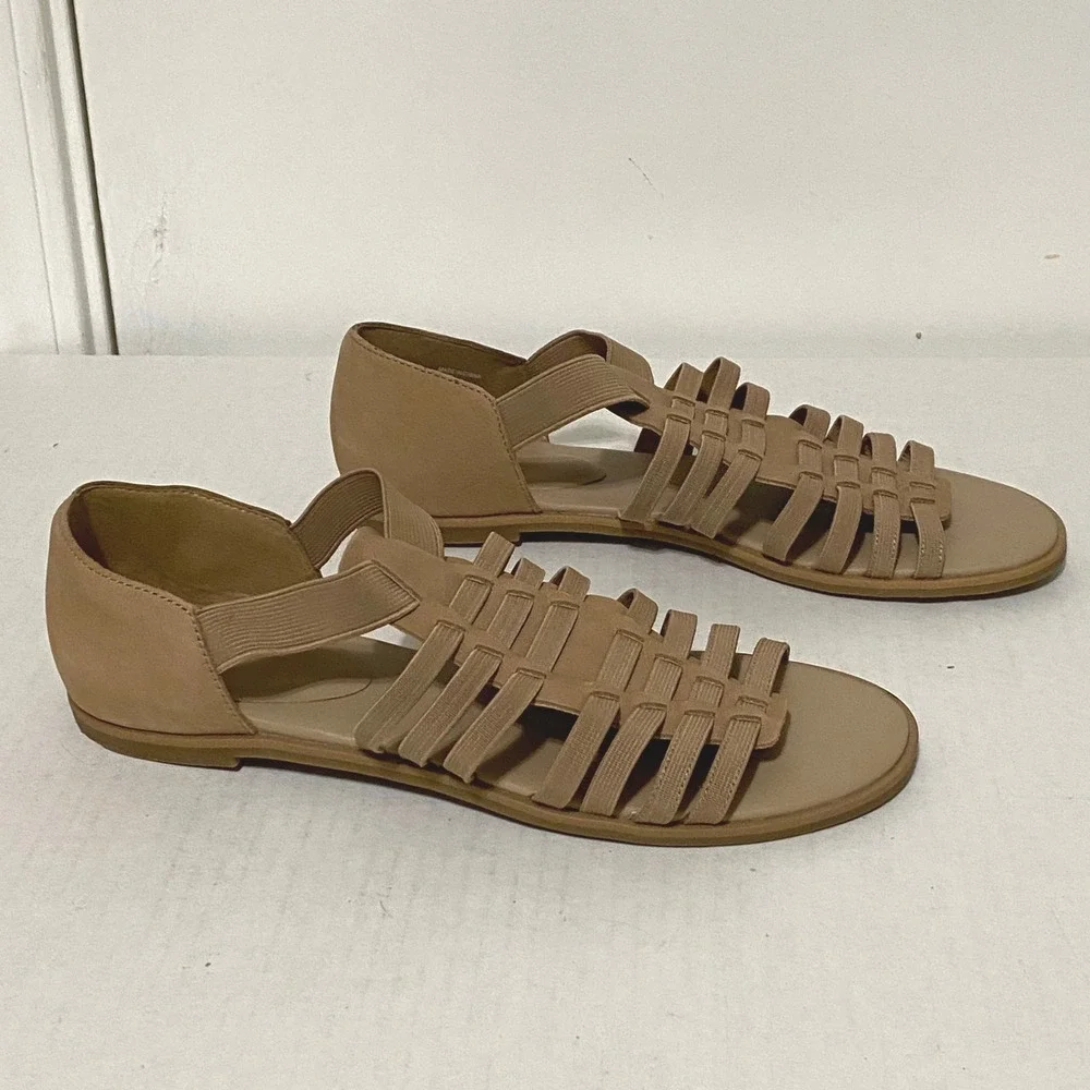 Eileen Fisher Rato Sandals Tan Nubuck Leather Strappy Gladiator Flat Size 7.5